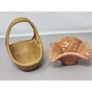 Vintage Ceramic Basket Set With Handle‎ & Woven Design One Is Signed